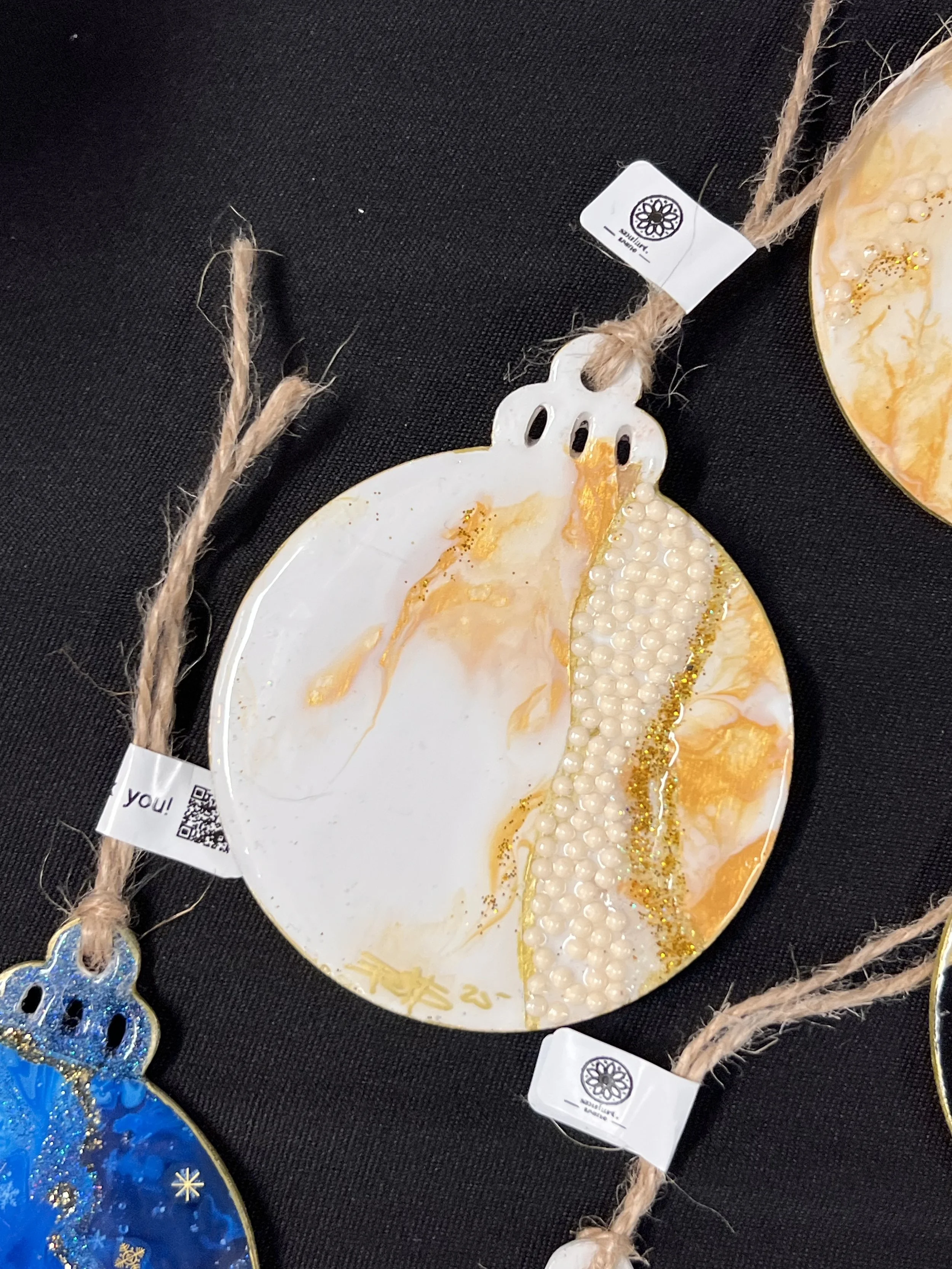 Hand made Christmas baubles, wood based double sided with resin