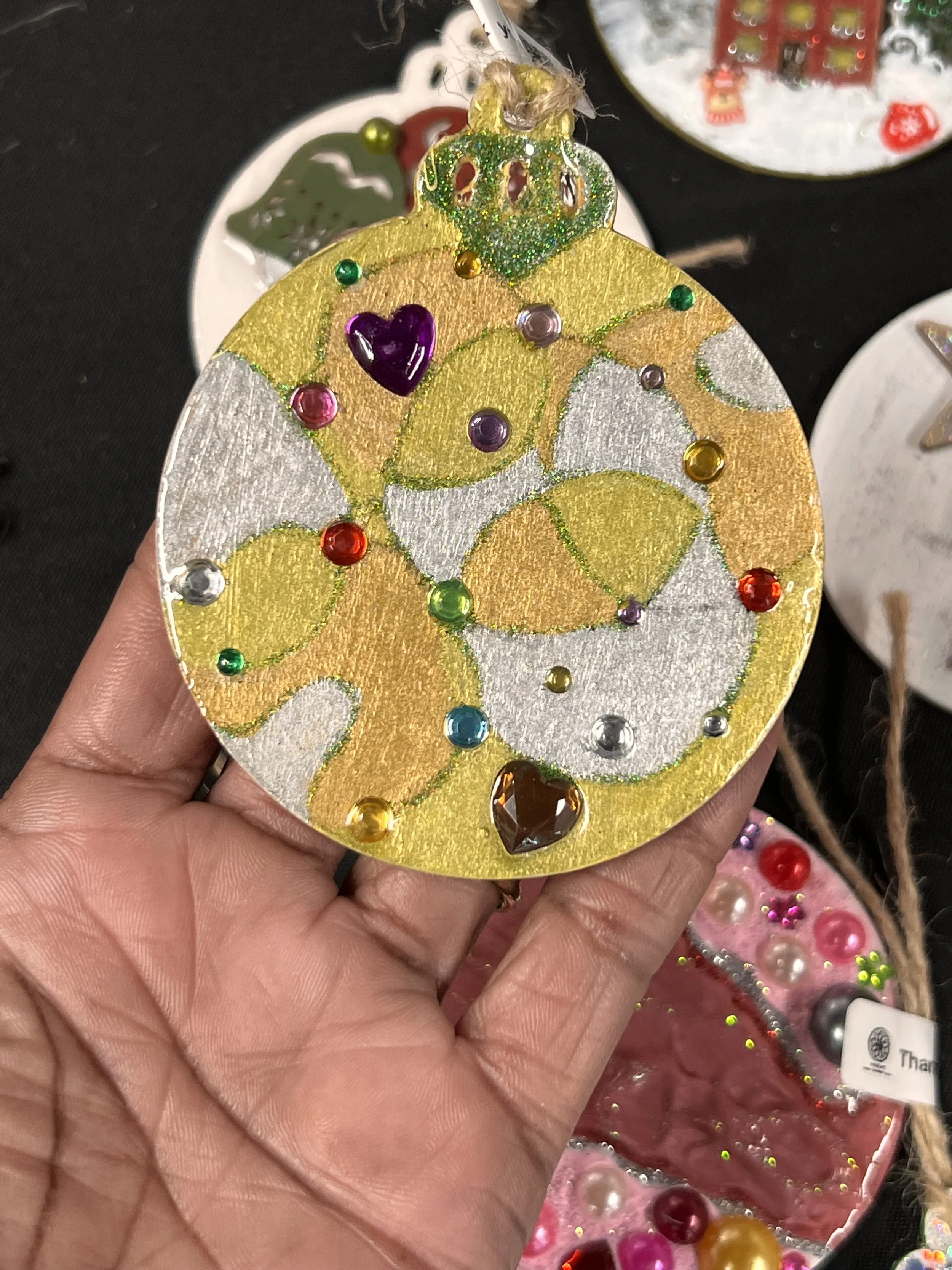 Hand made Christmas baubles, wood based double sided