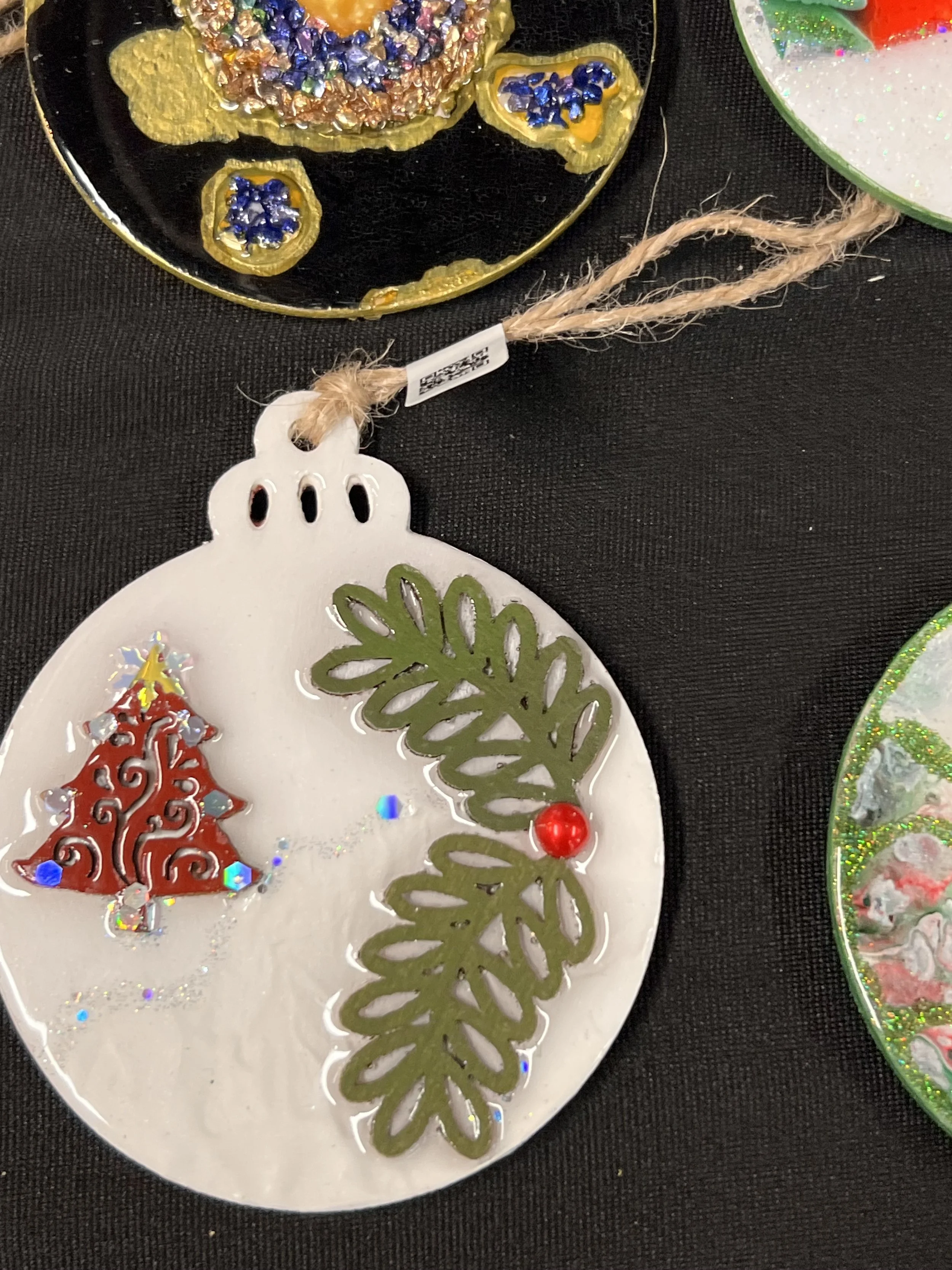 Hand made Christmas baubles, wood based double sided with resin