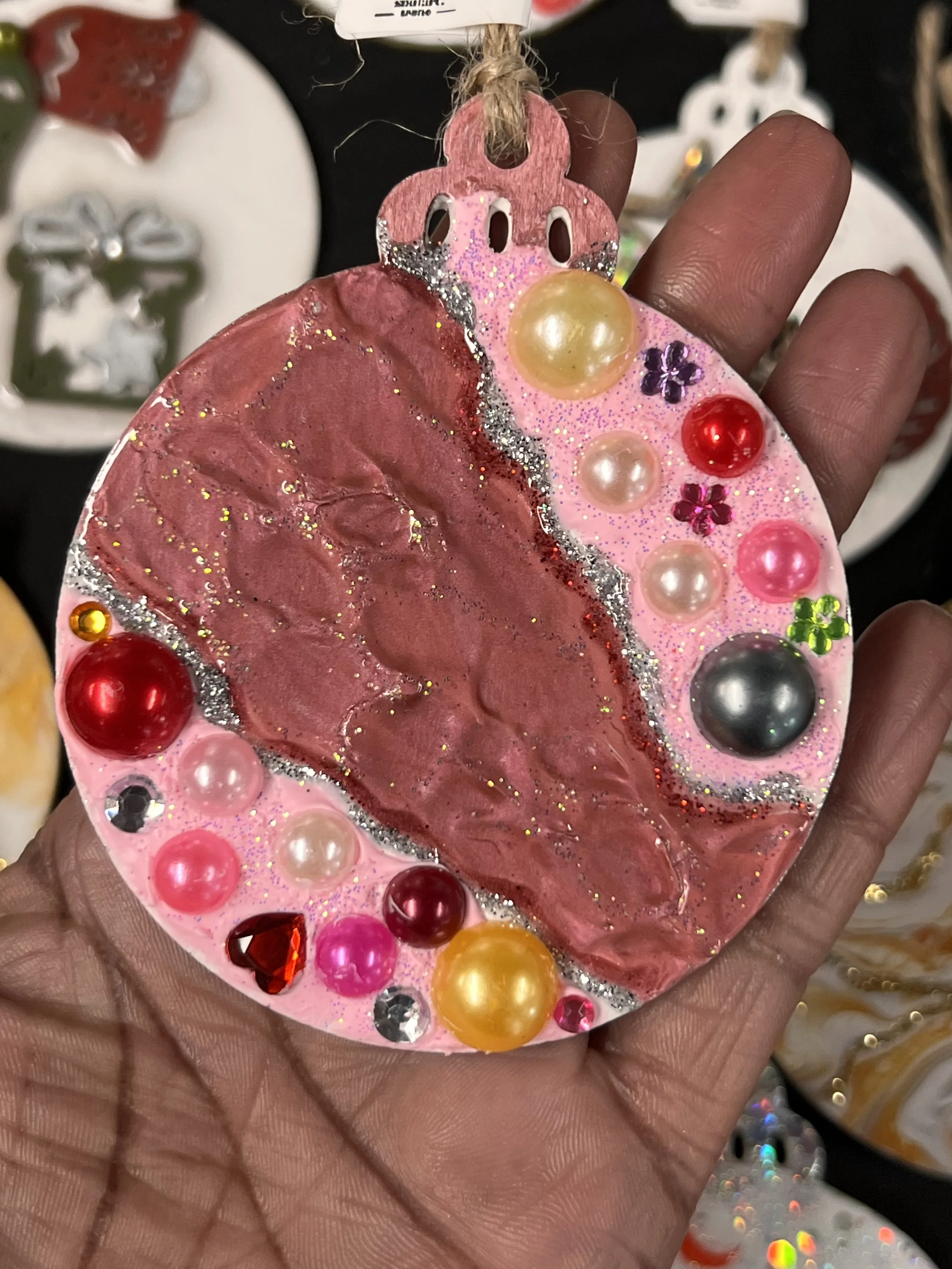 Hand made Christmas baubles, wood based double sided with resin