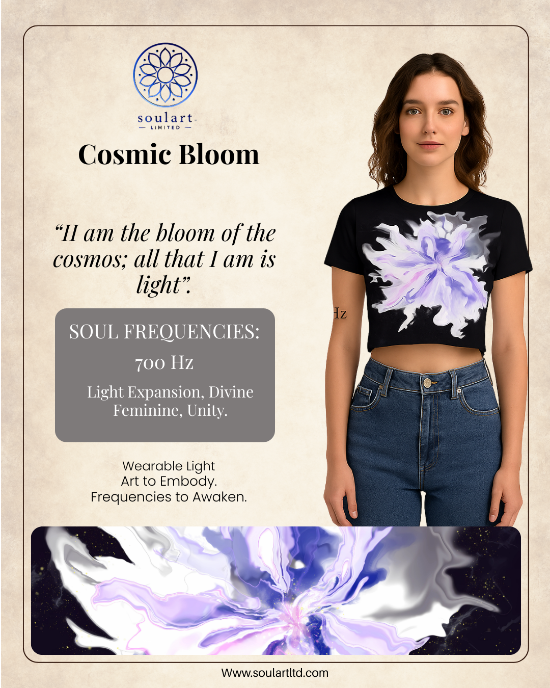 An advertisement for Soulart Limited promoting the Cosmic Bloom chakra with a picture of a woman wearing a black crop top with a purple and white abstract flower design, standing against a beige background.