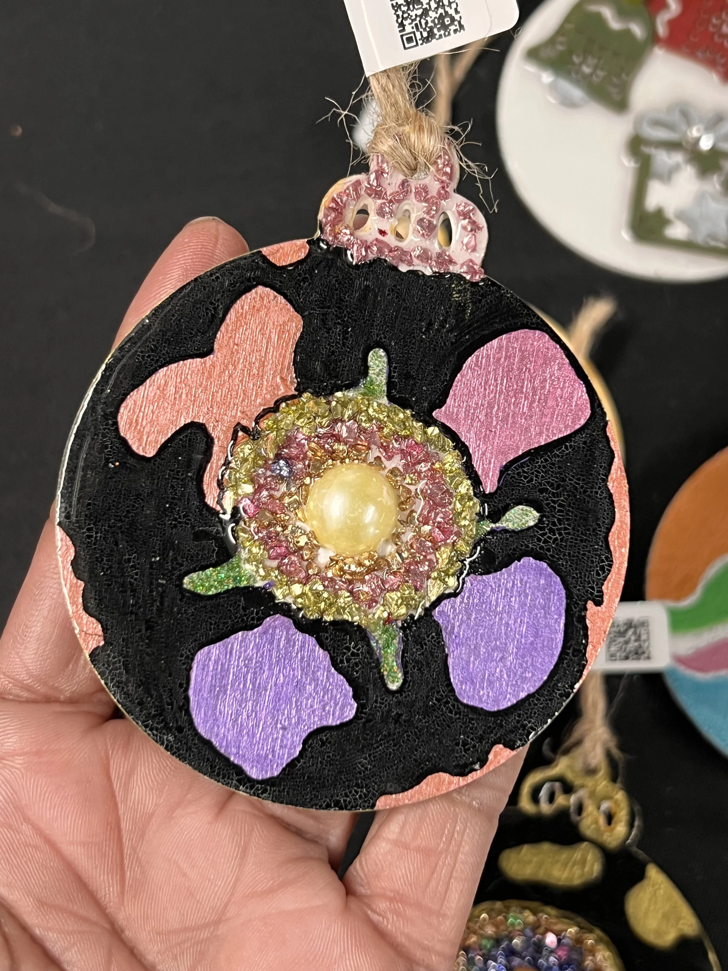 Hand made Christmas baubles, wood based double sided with resin