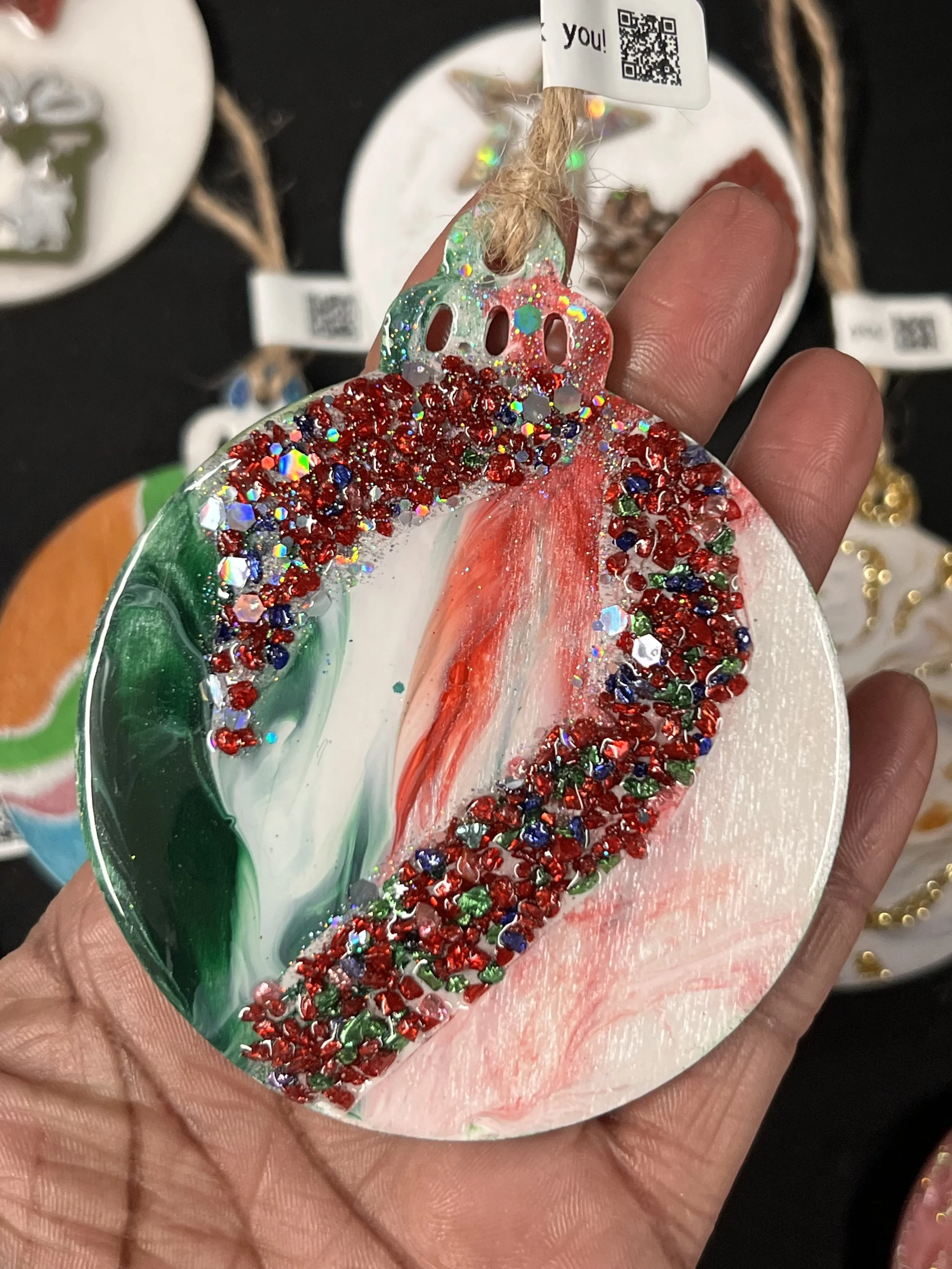 Hand made Christmas baubles, wood based double sided