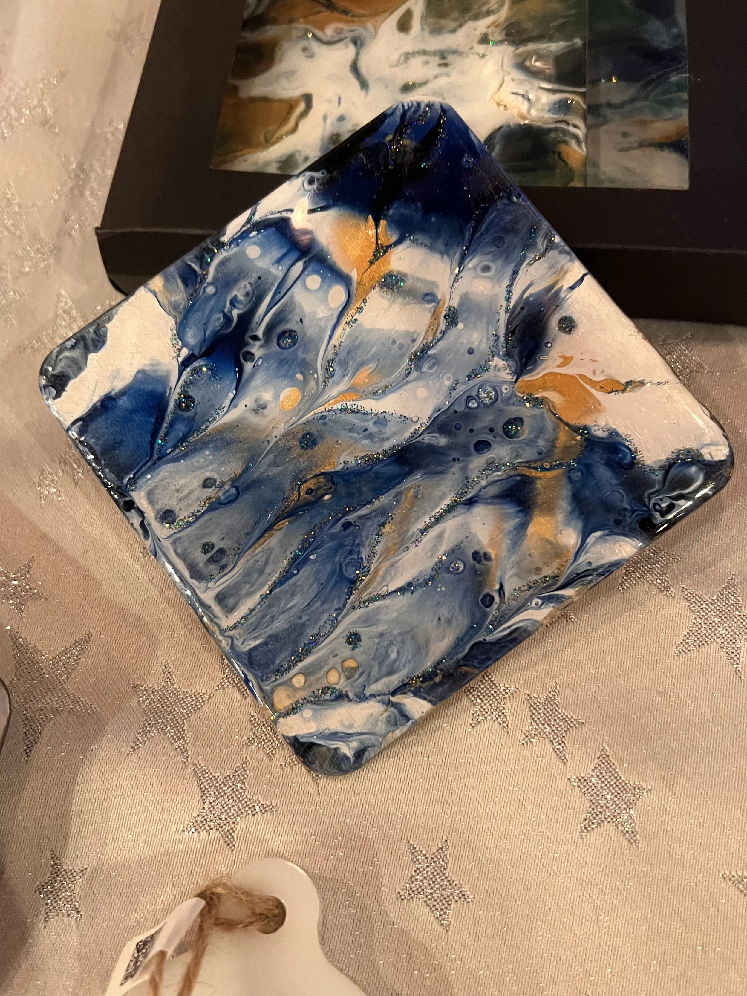 Hand made fluid art coasters, wood based double sided with resin and embellishments