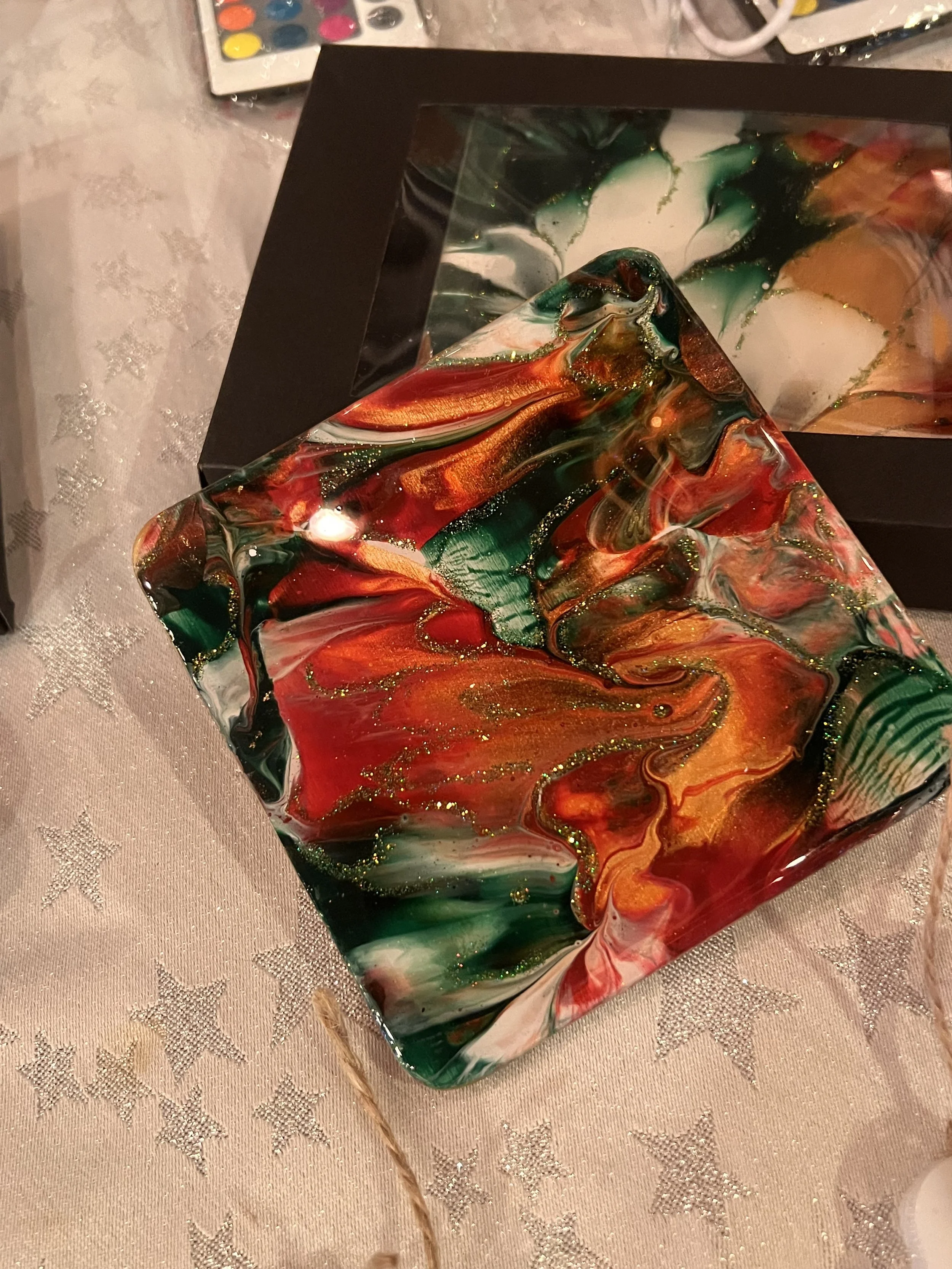 Hand made fluid art coasters, wood based double sided with resin and embellishments