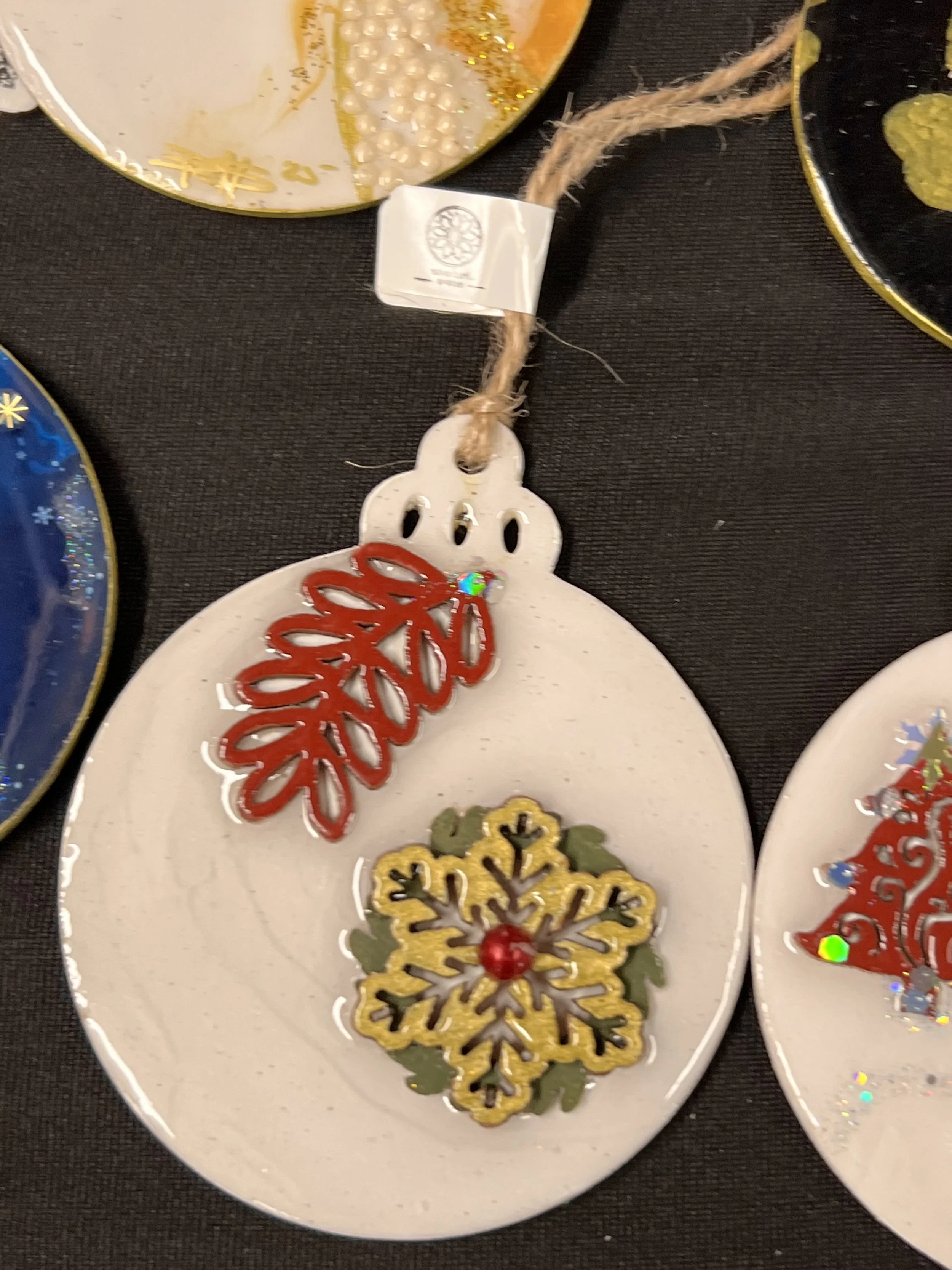 Hand made Christmas baubles, wood based double sided with resin
