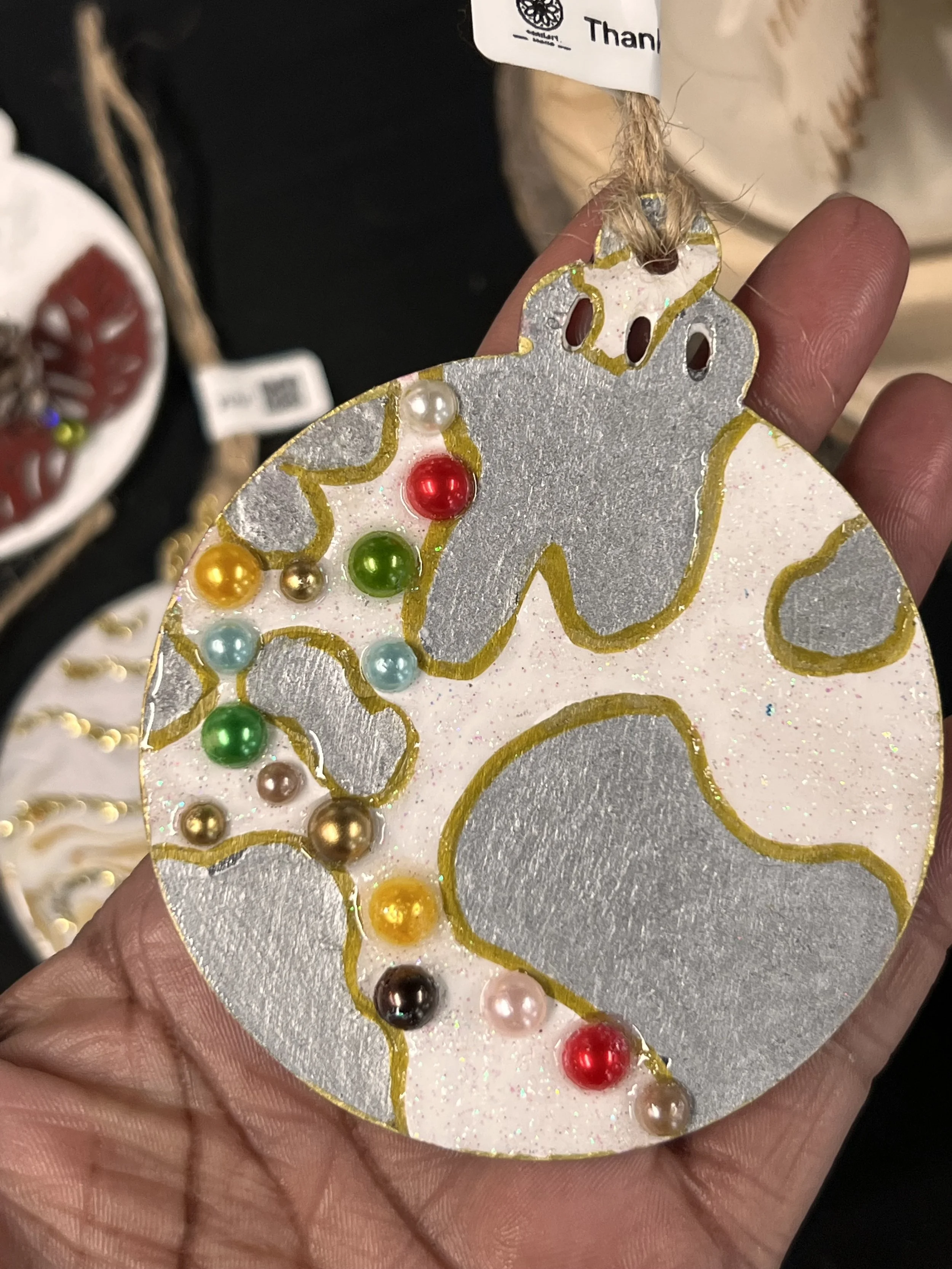 Hand made Christmas baubles, wood based double sided with resin