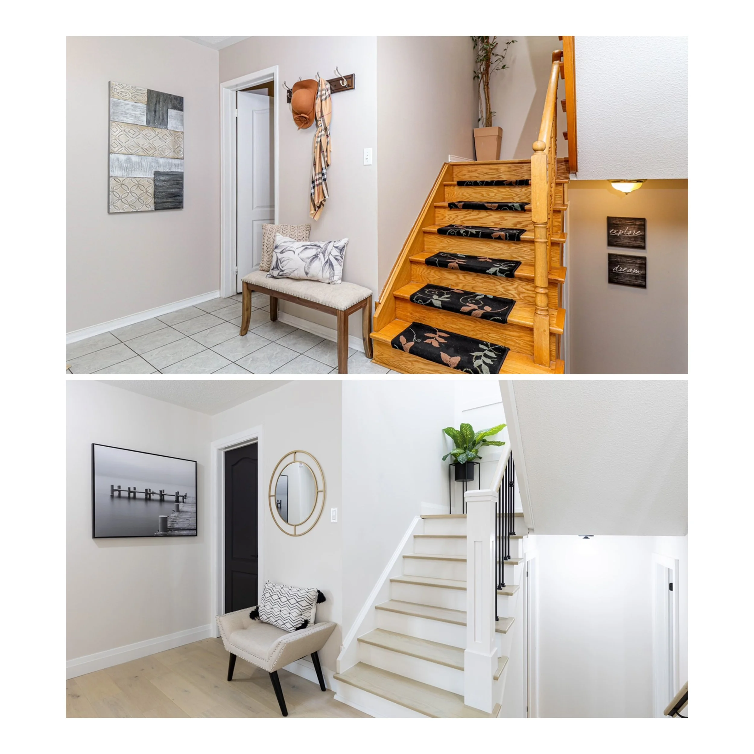An interior view of a house showcasing two areas. The upper area features a small entryway with a bench, coat hooks, a hat, and scarf hanging, a wall art, and a staircase with a patterned runner. The lower area presents a hallway or landing with a fr