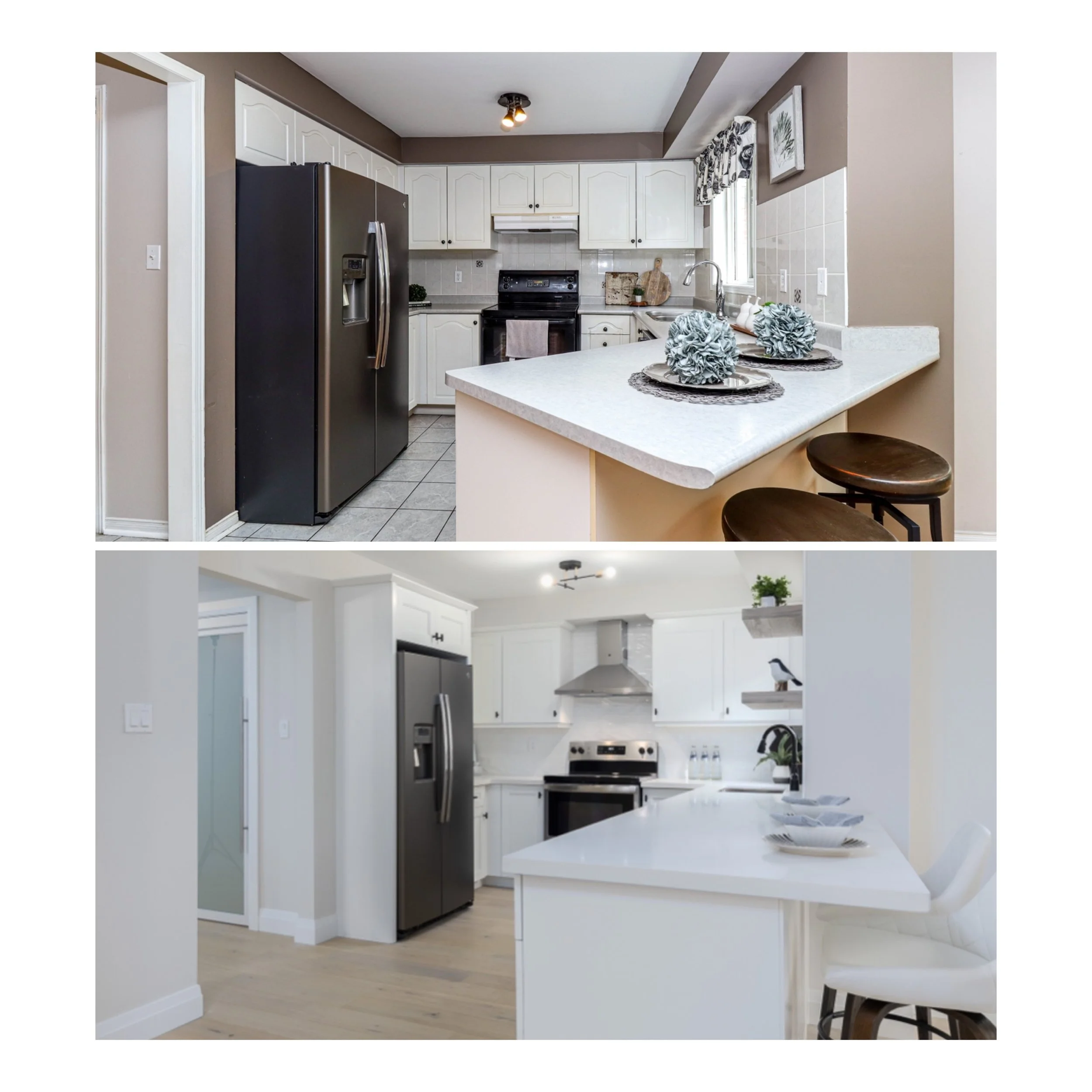 Comparison of two kitchens: the top kitchen has brown walls, white cabinets, and a black refrigerator; the bottom kitchen has white walls, white cabinets, and a black refrigerator.