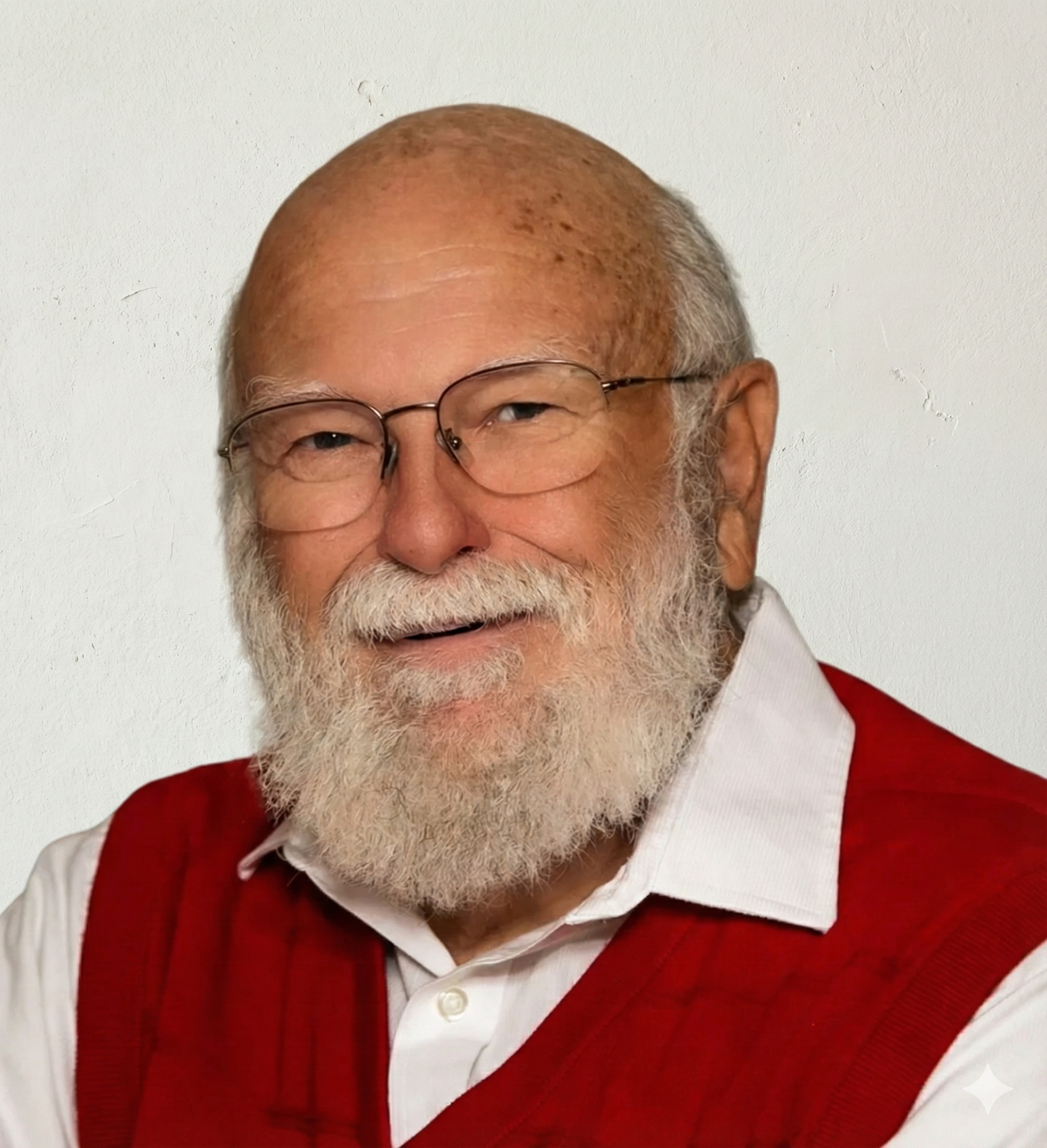 A smiling elderly man with glasses, a beard, and a mustache, wearing a white shirt and a red sweater vest, standing against a plain white background.