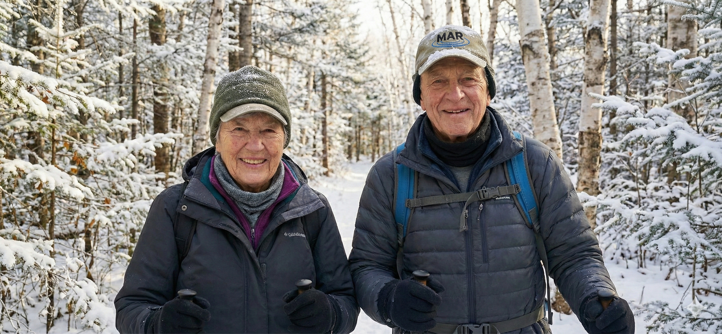 An elderly couple winter hiking in a snow-covered forest, smiling at the camera, wearing jackets, hats, and gloves, with trekking poles.