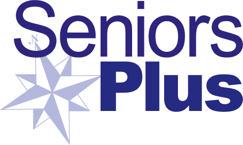 Seniors Plus logo with text and a compass star symbol.