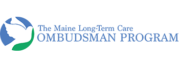 Logo of The Maine Long-Term Care Ombudsman Program, featuring a stylized white dove and blue and green circles.