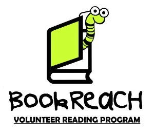 Logo of BookRearch Volunteer Reading Program featuring a computer monitor with a smiling green worm emerging from it.
