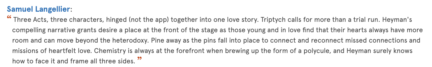 Text excerpt from a book about Samuel Langellier describing three acts and characters in a love story, with references to chemistry, connections, and facing challenges.