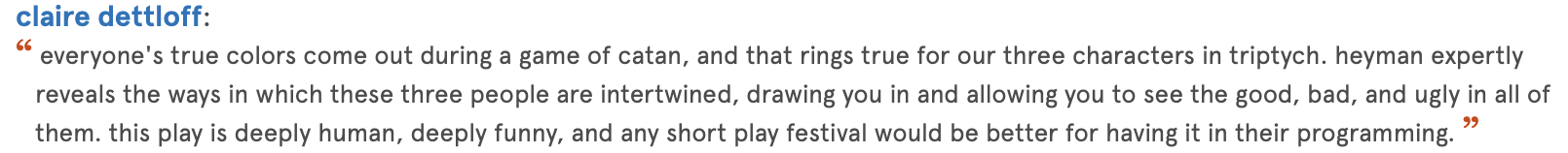 Screenshot of text quotation from Claire Dettloff discussing the game of Catan, referencing the character 'triptych' and the interconnectedness of three characters.