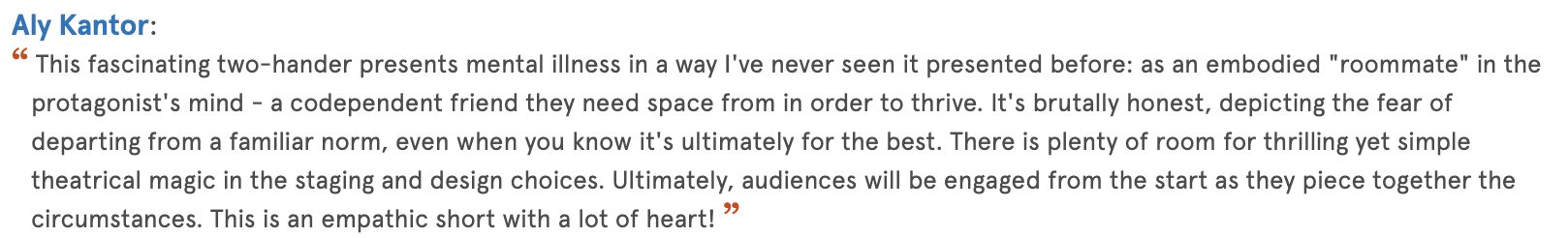 Screenshot of a quote by Aly Kantor discussing a two-hander play that presents mental illness and its portrayal in theater.