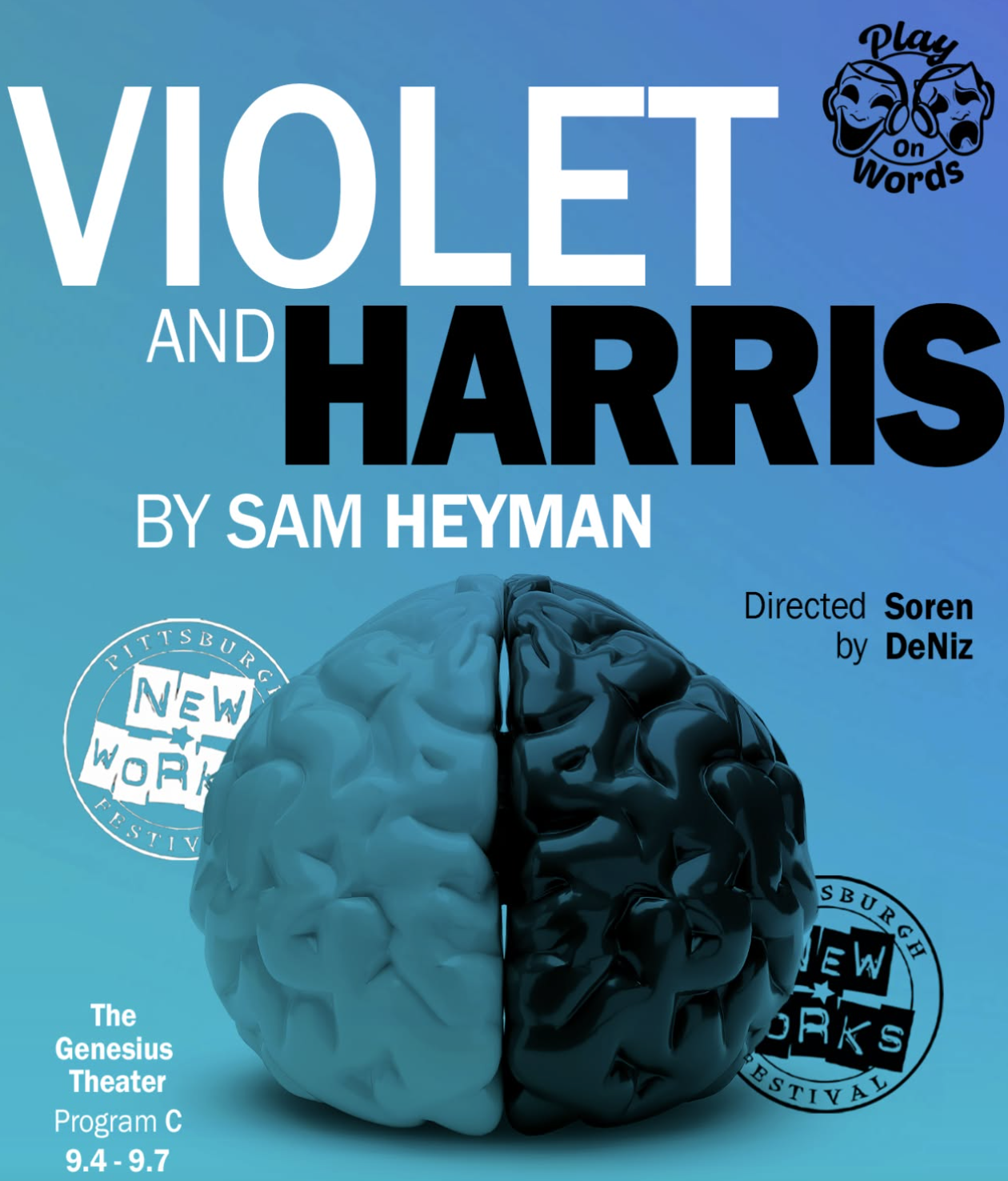 A promotional poster for Violet and Harris, a one act play by Nashville-based playwright Sam Heyman