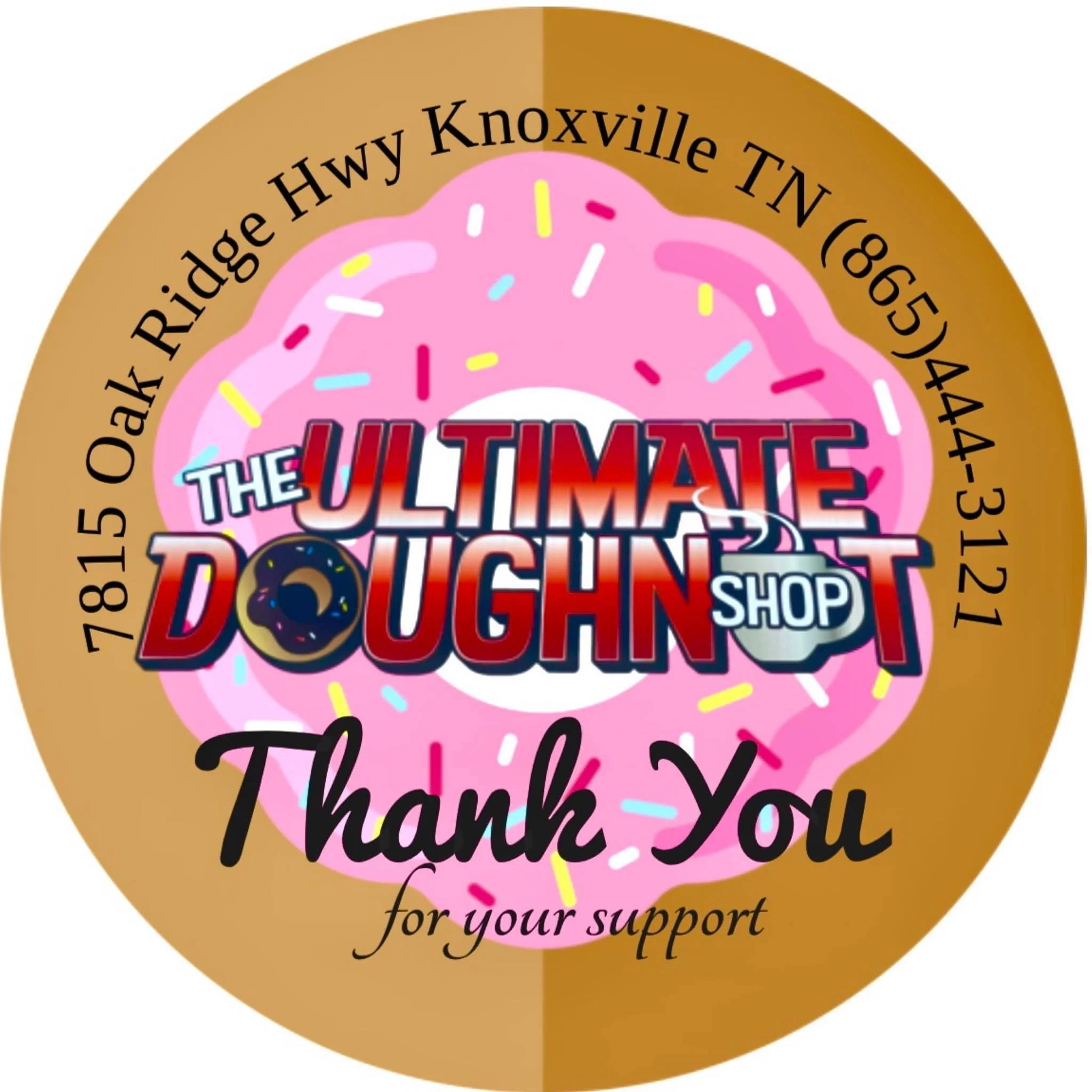 A circular thank you sticker with a doughnut and sprinkles background, featuring the logo of The Ultimate Doughnut Shop, with contact details and a message of gratitude.