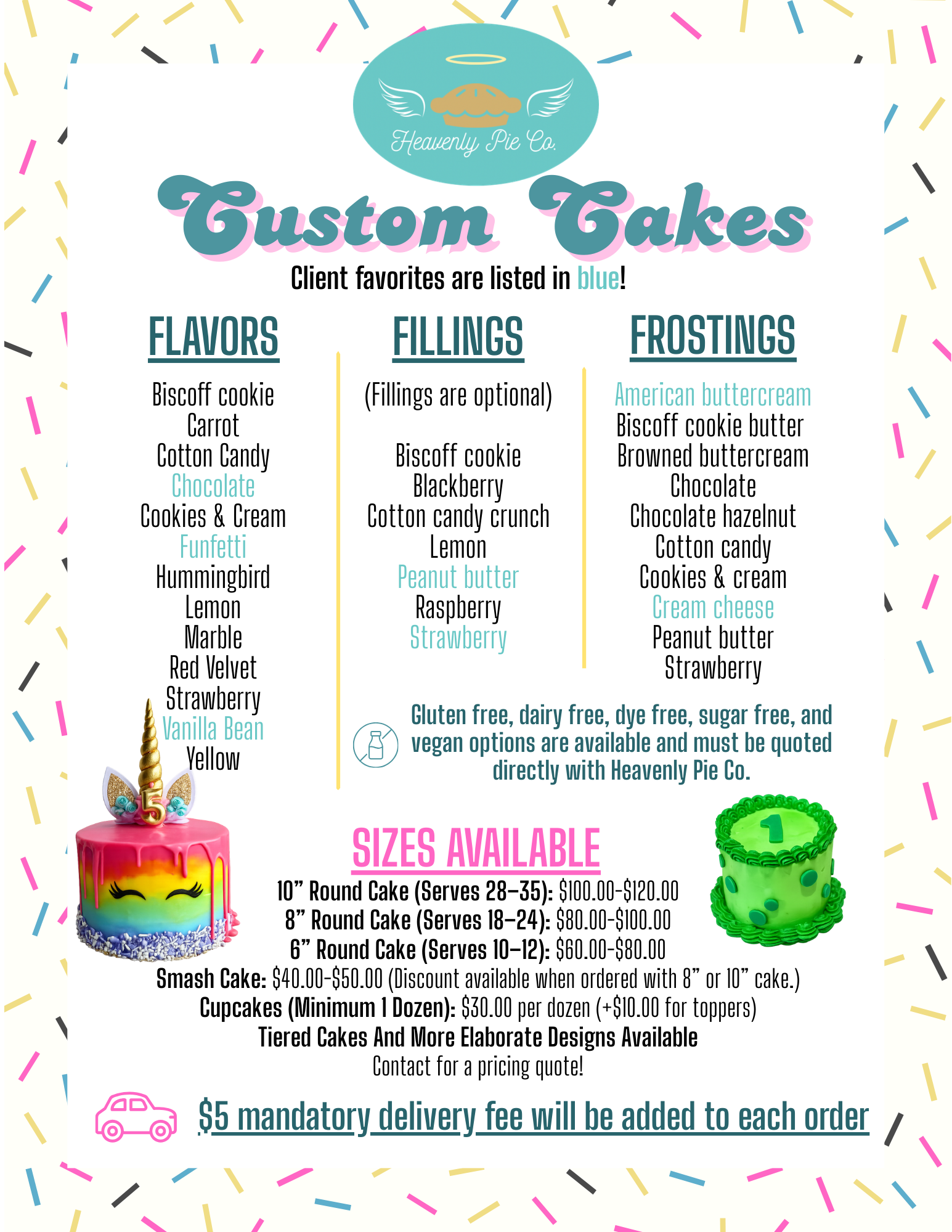 A colorful menu for Heavenly Pie Co. promoting custom cakes and their options. It highlights flavors, fillings, frostings, and sizes for cakes, with a cheerful design, confetti background, and images of a unicorn birthday cake and a green number one cake for size.