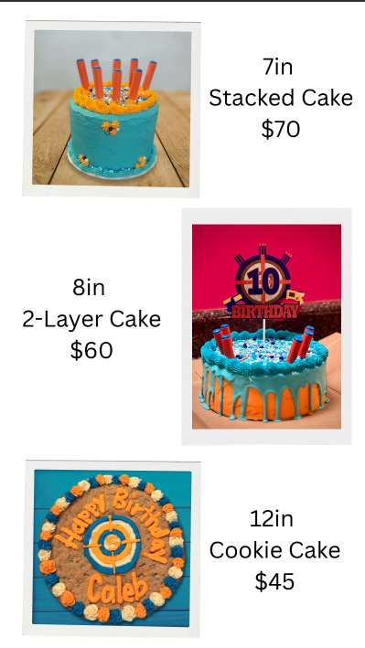 Three decorated birthday cakes with prices. The first is a 7-inch stacked cake with orange and blue decorations, priced at $70. The second is an 8-inch two-layer cake with blue and orange details, priced at $60. The third is a 12-inch cookie cake with orange and blue icing, personalized with "Happy Birthday Caleb," priced at $45.