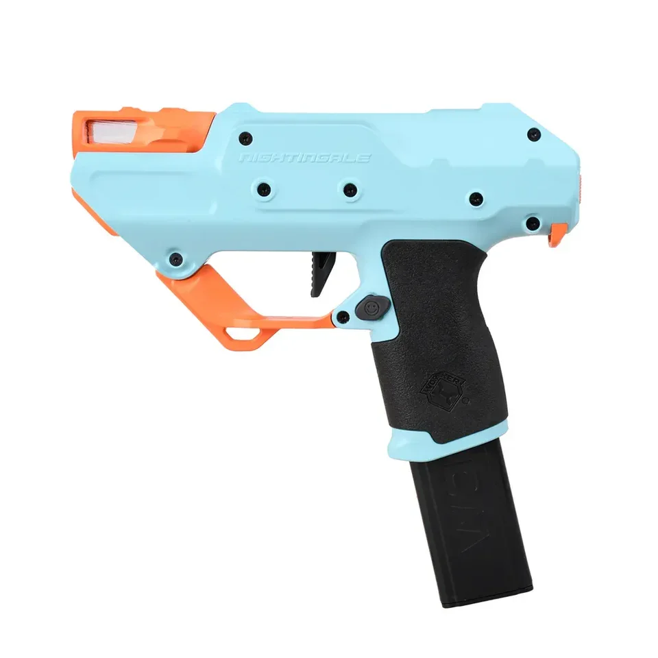 Colorful toy gun with light blue, black, and orange parts.