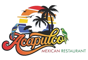 Colorful image featuring palm trees, cars, a sailboat, and a sunset, with text reading 'Acapulco' and 'Mexican Restaurant'.