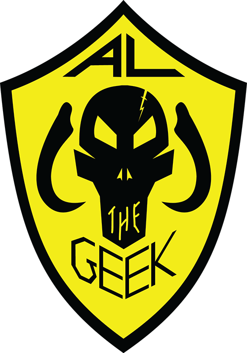 A yellow shield-shaped emblem featuring a stylized black skull with lightning bolt on forehead, surrounded by two black horns, and the text "AL THE GEEK".