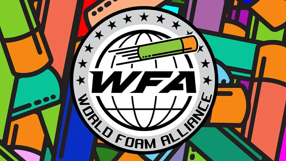 Colorful abstract background with overlapping shapes and lines, featuring a globe with the letters 'WFA' and the text 'World Foam Alliance' around it, and a pencil drawing around the globe.
