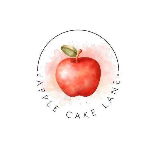 Watercolor illustration of a red apple with a green leaf in the center, surrounded by the text 'Apple Cake Lane' in a circular arrangement.