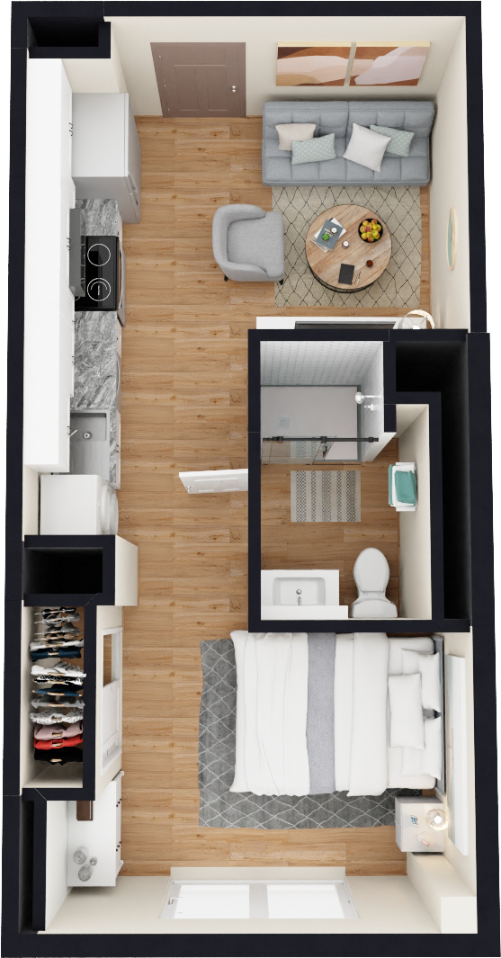 A compact studio apartment layout showing a sleeping area with a bed, a small bathroom with a toilet and sink, a living area with a sofa and armchair, a round coffee table with books and fruit, a kitchen with a stove and sink, and a closet with clothes.