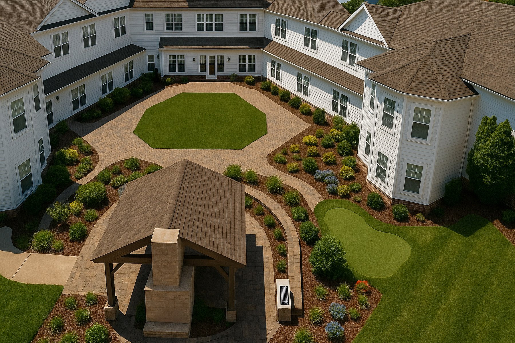 Aerial view of the landscaped courtyard surrounded by a dynamic looking two-story building with turrets on the roofline, a central back lawn, pergola, walking paths, manicured landscaping, and a grassy area for yoga.