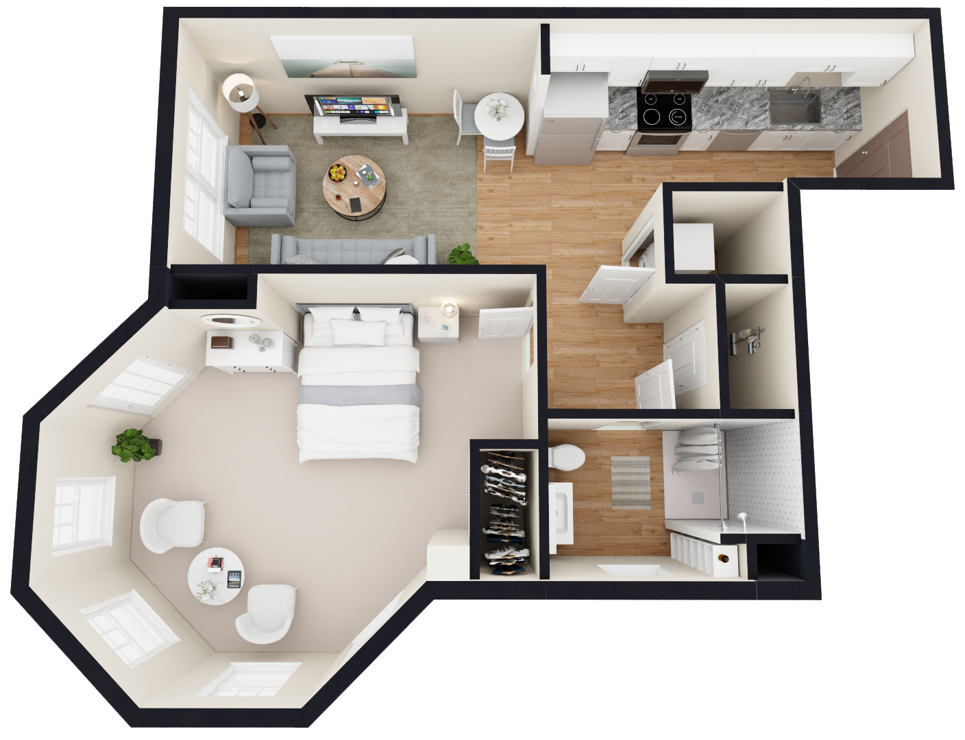 Top-down view of a one-bedroom apartment with a living room, kitchen, bedroom, bathroom, and walk-in closet.