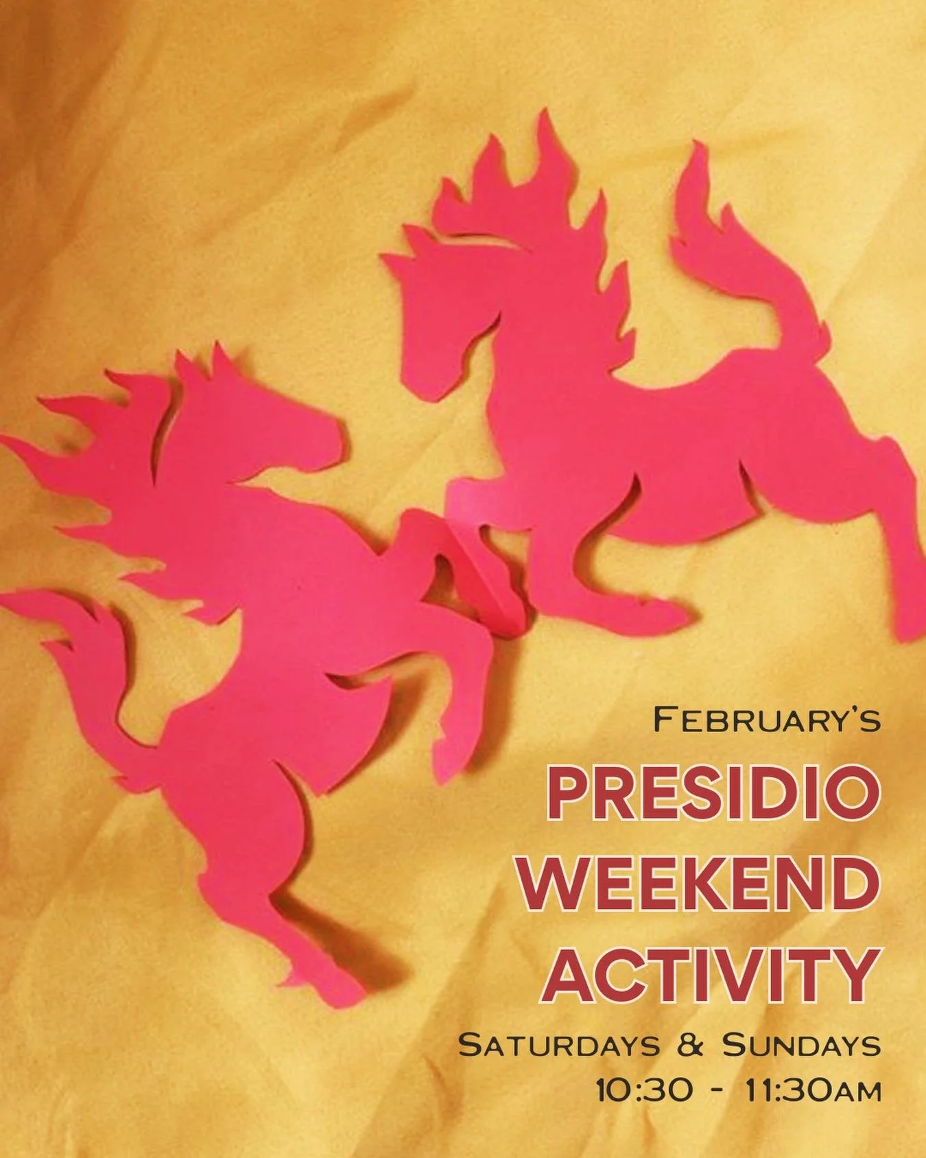 Join us for this month&rsquo;s Presidio Weekend Activity making traditional Chinese paper cut decorations in honor of our upcoming Lunar New Year 
celebration highlighting Year of the Fire Horse!

When: Saturdays and Sundays this February from 10:30 