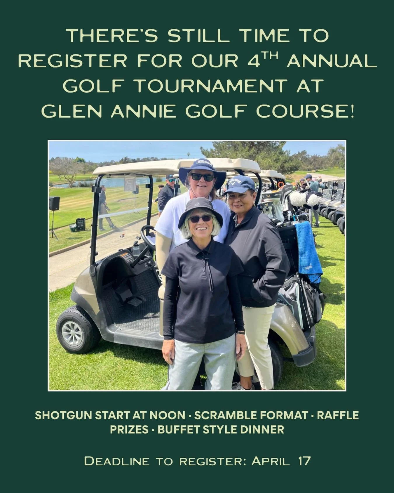 There&rsquo;s one week left to register for our 4th Annual Golf Tournament at Glen Annie Golf Course on April 24!
Whether you are a scratch golfer or a community supporter, there is a place for you on our field.

Golf isn&rsquo;t your thing?
Dinner t