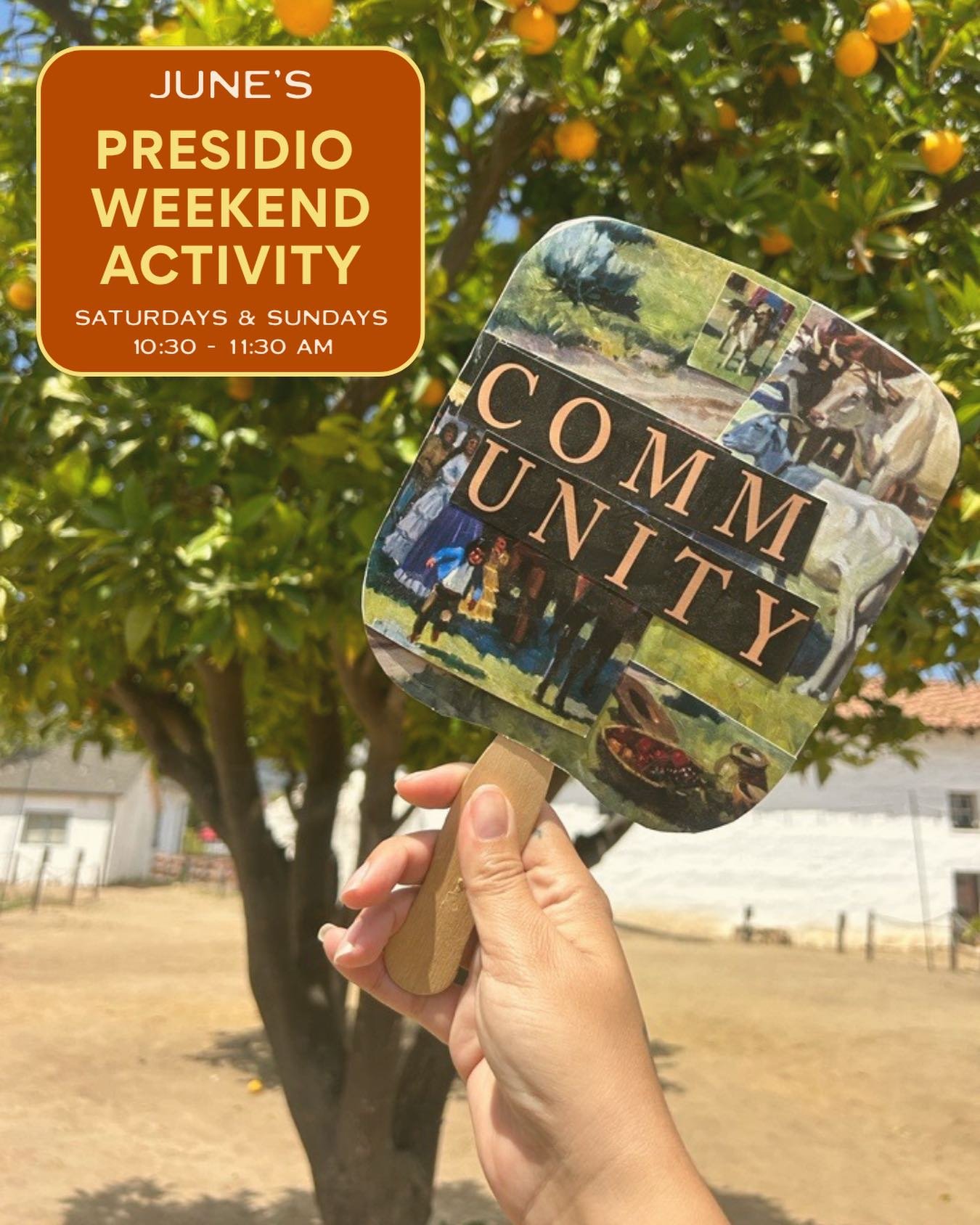 Join us for this month&rsquo;s Presidio Weekend Activity and make your own fan out of vintage Fiesta posters.&nbsp;
Free and family-friendly; all ages and skill levels are welcome!

JUNE DETAILS
Saturdays &amp; Sundays from 10:30 - 11:30am at El Pres
