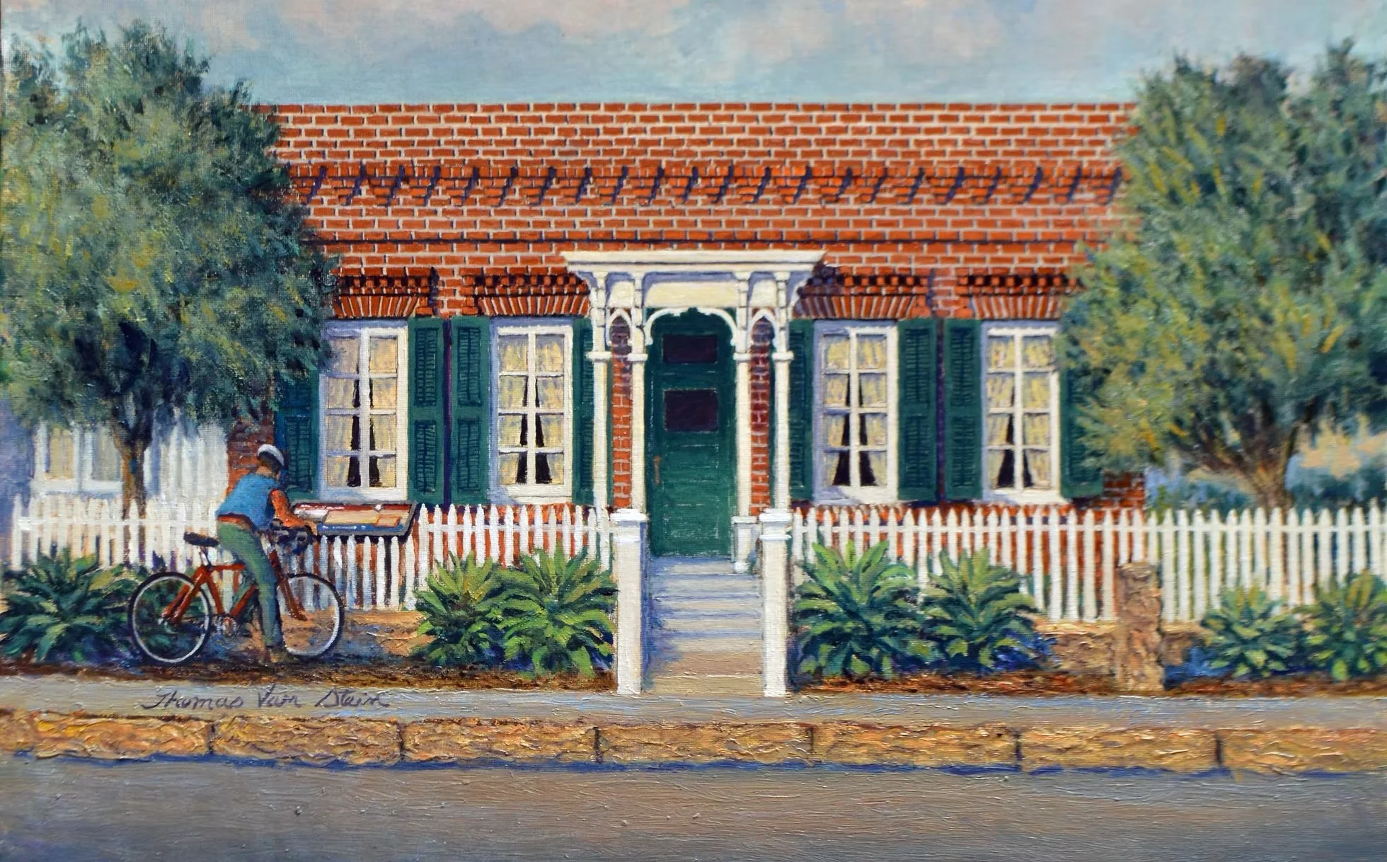 Painting of a red brick house with green shutters, a white picket fence, and a boy on a bicycle in front. Two trees flank the house, and a person stands at a mailbox.
