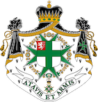 Coat of arms with a shield featuring a green cross, a crowned lion, and various symbols, flanked by two lions, with a crown on top.