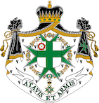 Illustration of a crest with a green cross, gold crown, and ornate black and gold decorations, featuring Latin text