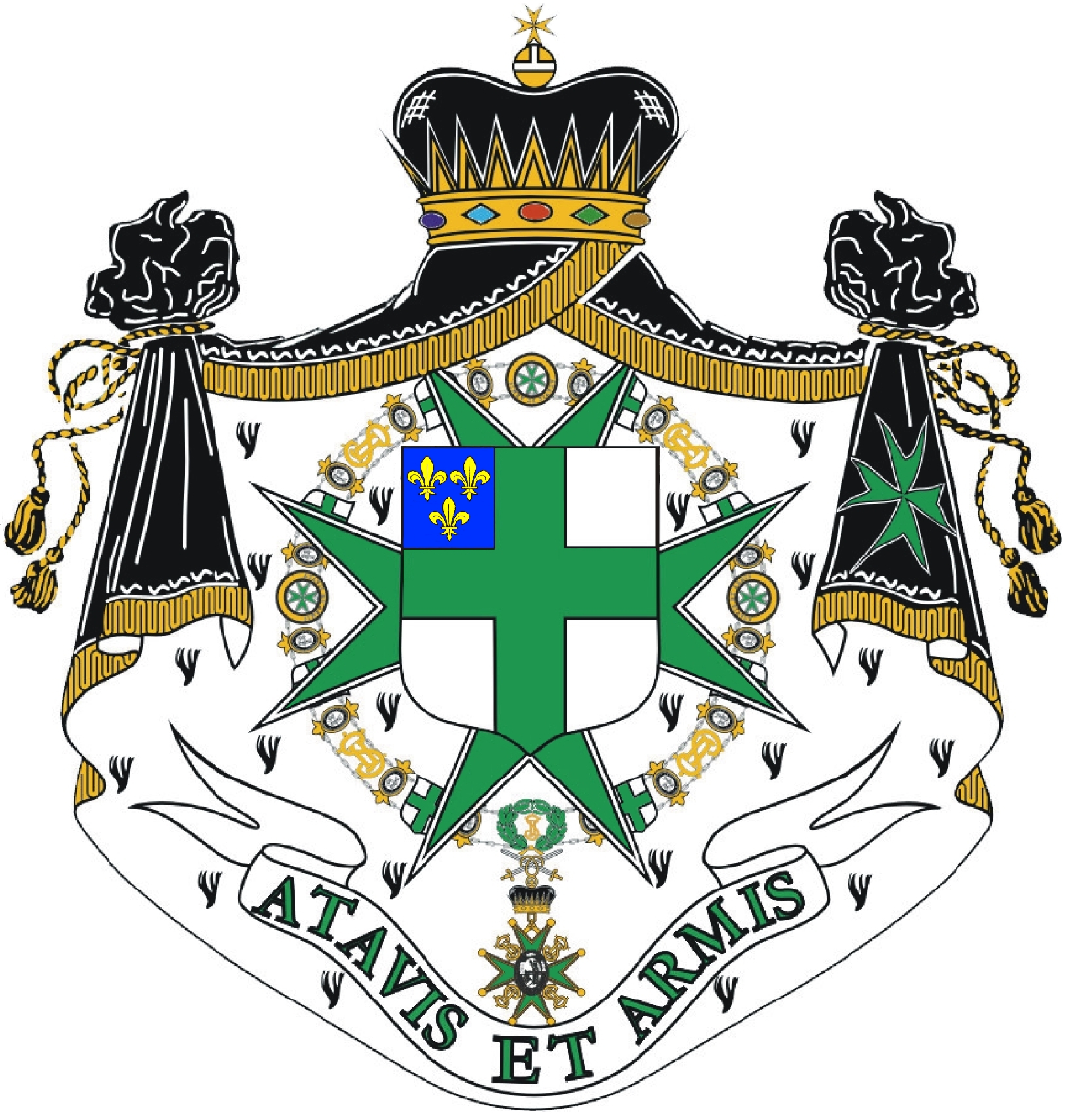 A detailed coat of arms featuring a shield with a green cross, surrounded by a star, a crown, and various military and heraldic symbols. A banner with the Latin motto "ATTAVIS ET ARMIS" is at the bottom.