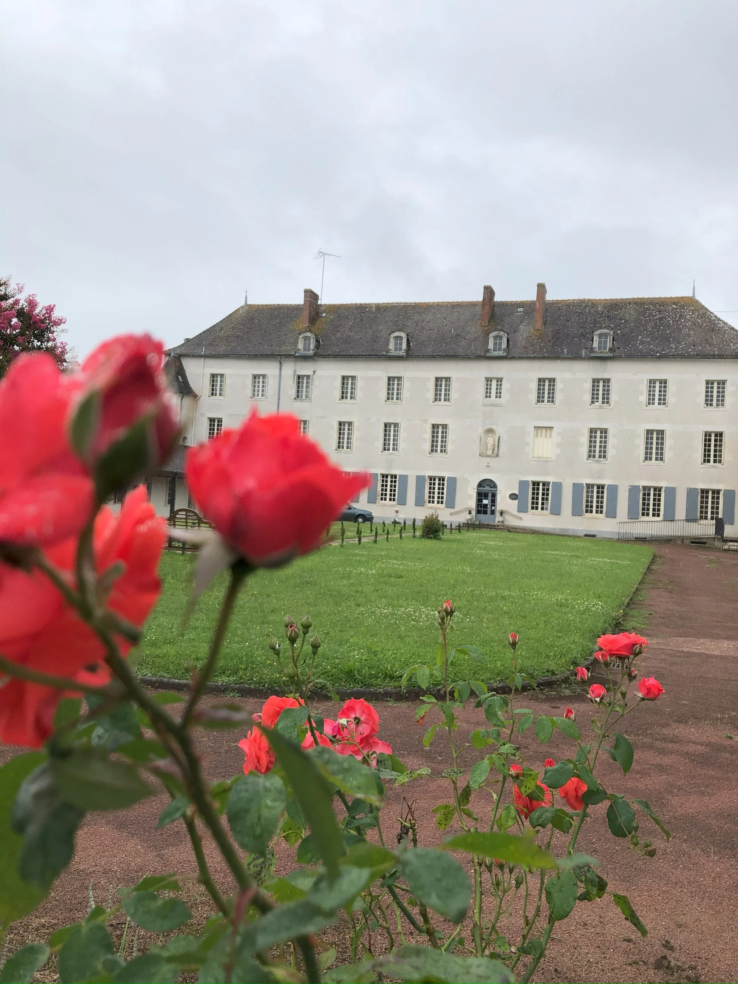 A historic white building with multiple windows and blue shutters, surrounded by a well-kept lawn and garden with pink roses in the foreground, under a cloudy sky.