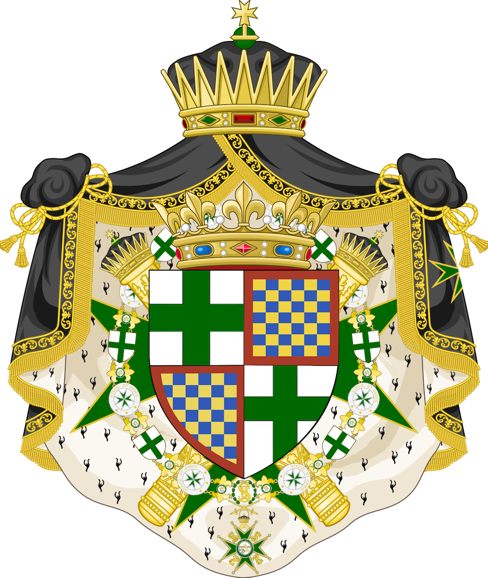 An ornate heraldic coat of arms featuring a crowned shield with various heraldic symbols, surrounded by a golden collar with medals and a black mantle with gold trim and tassels.