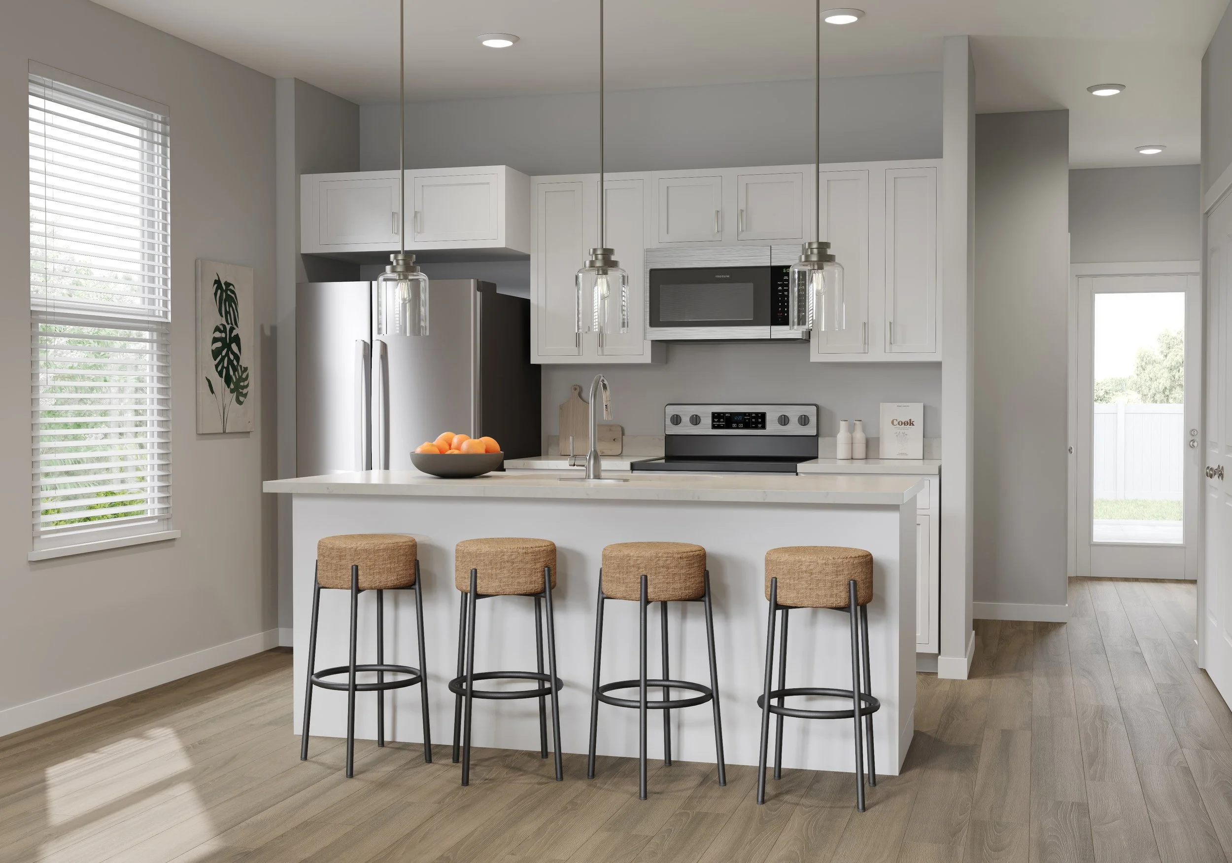 rendering image of a kitchen with stainless steel appliances and kitchen island