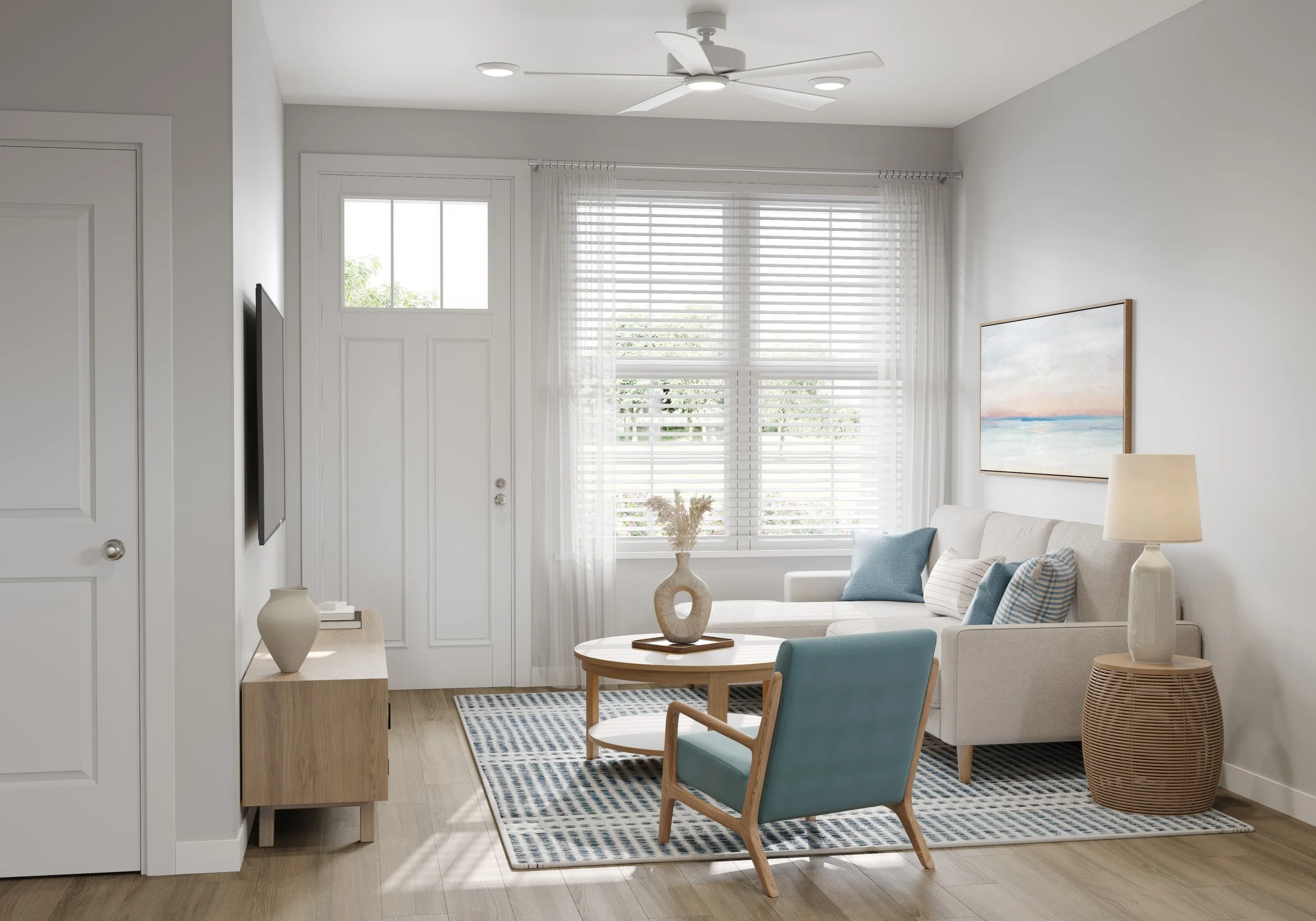 rendering image of a living room with large windows and natural light