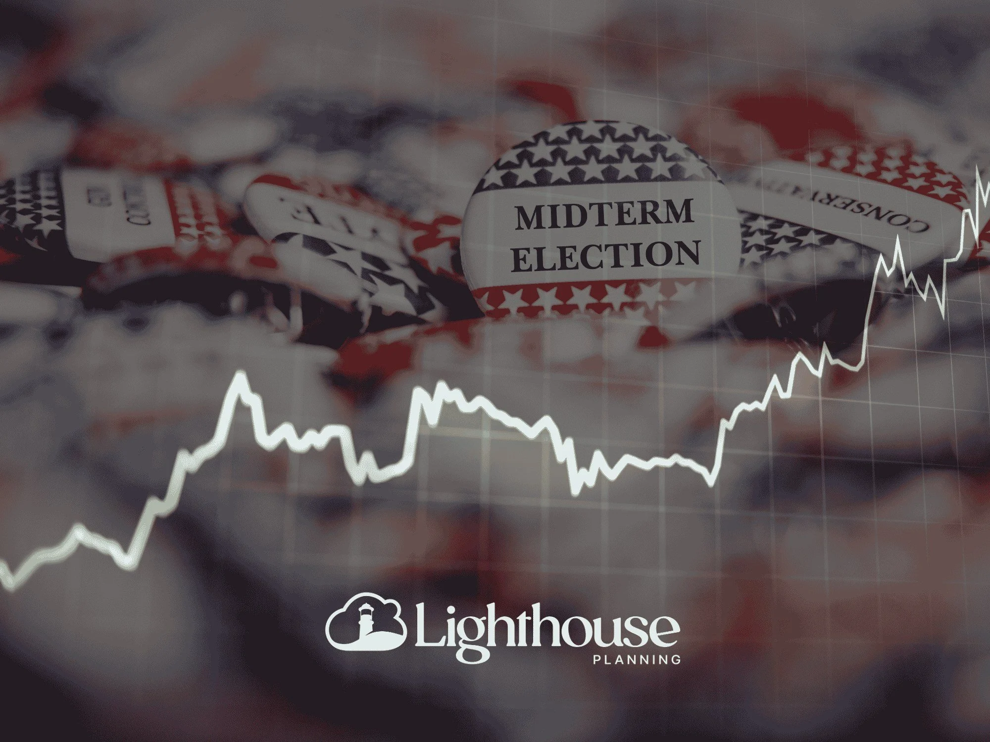 Midterm election campaign buttons behind a rising stock market line, with the Lighthouse Planning logo