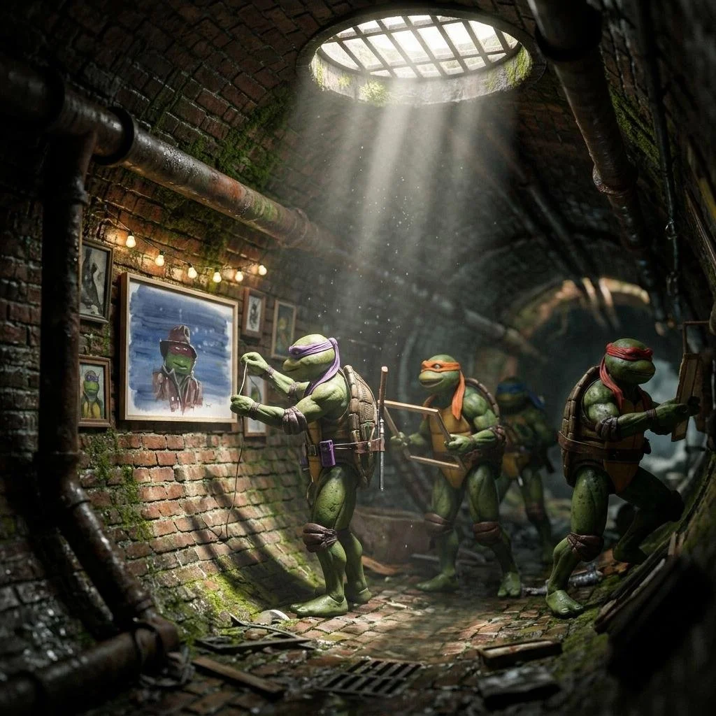 The Teenage Mutant Ninja Turtles are putting up Denny Wetmore's artwork in their underground lair!