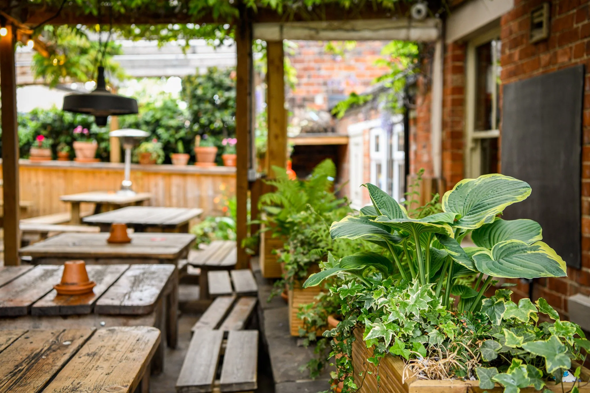 Cozy outdoor patio with wooden tables, potted plants, and greenery in a garden setting next to a brick building.
