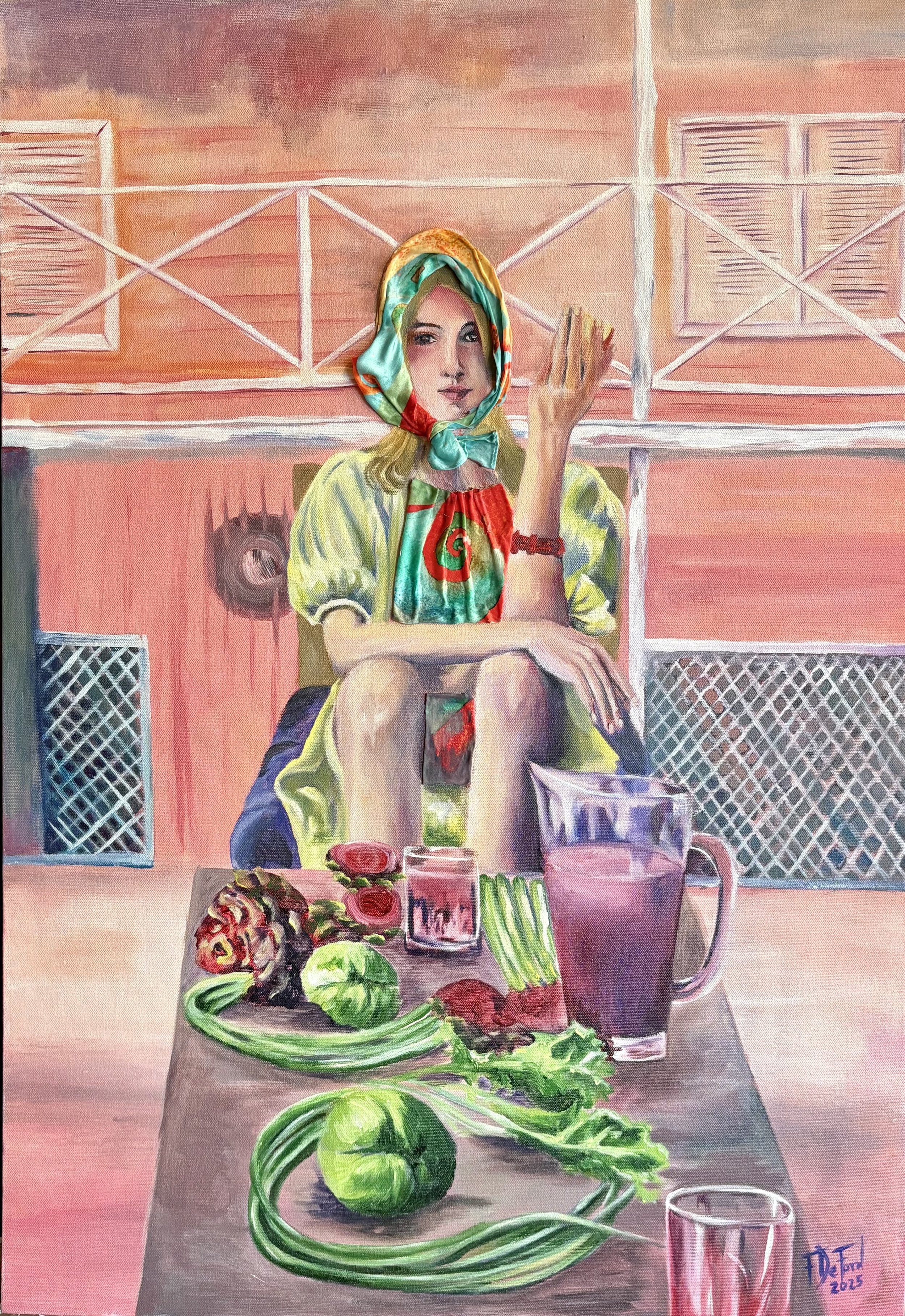 Las chica del pañuelo de seda, collage de seda y acrílico sobre lienzo.