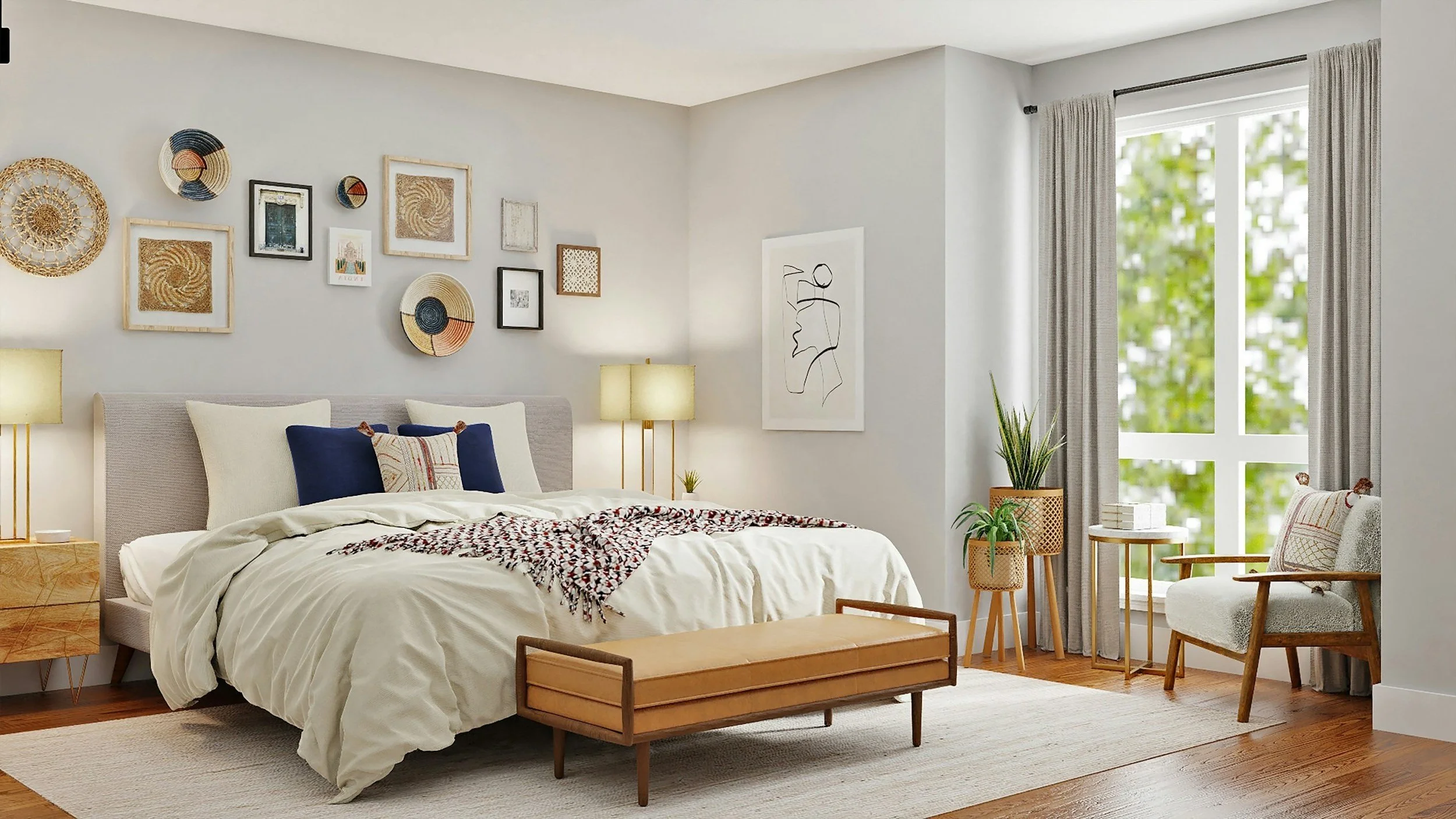 Modern bedroom with a large bed, beige bedding, and decorative pillows. Art and wicker accents are on the walls. A bench sits at the foot of the bed. Natural light enters through a window with curtains. A chair, potted plants, and a side table enhance the cozy atmosphere.