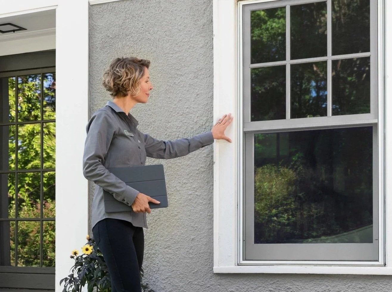 Person inspecting window frame of a house, holding a tablet.